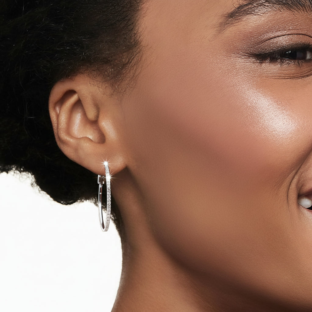 Sterling Silver Diamond Oval Hoop Earrings