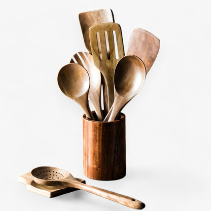 Teak Wood Kitchen Utensil Set with Holder 9 Piece Cooking Tools