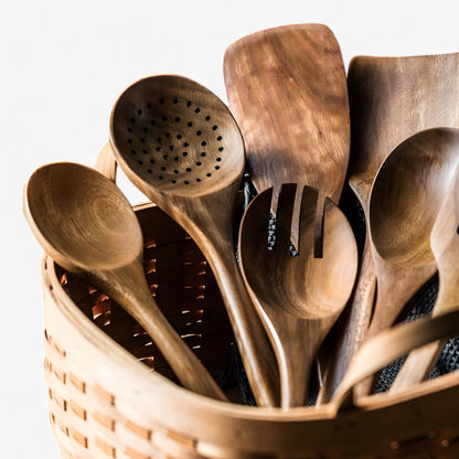 Teak Wood Kitchen Utensil Set with Holder 9 Piece Cooking Tools