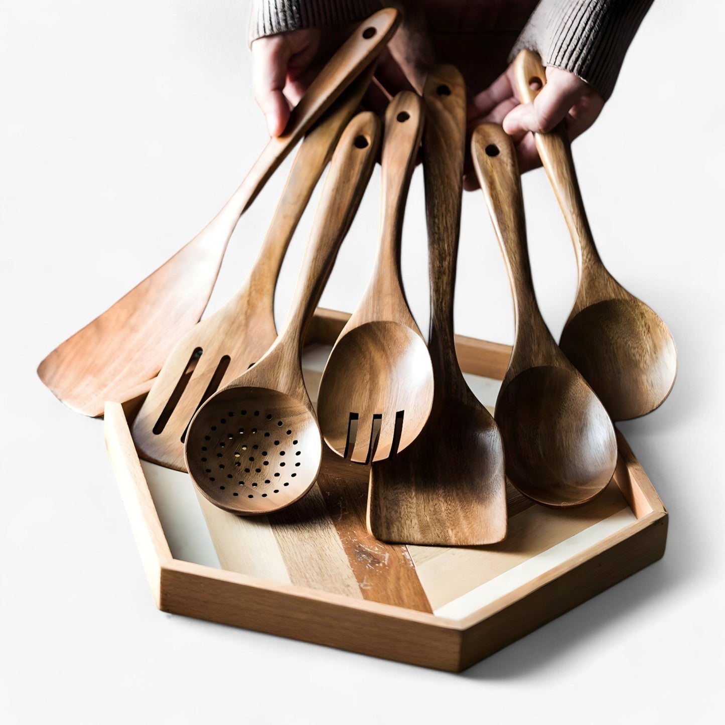 Teak Wood Kitchen Utensil Set with Holder 9 Piece Cooking Tools