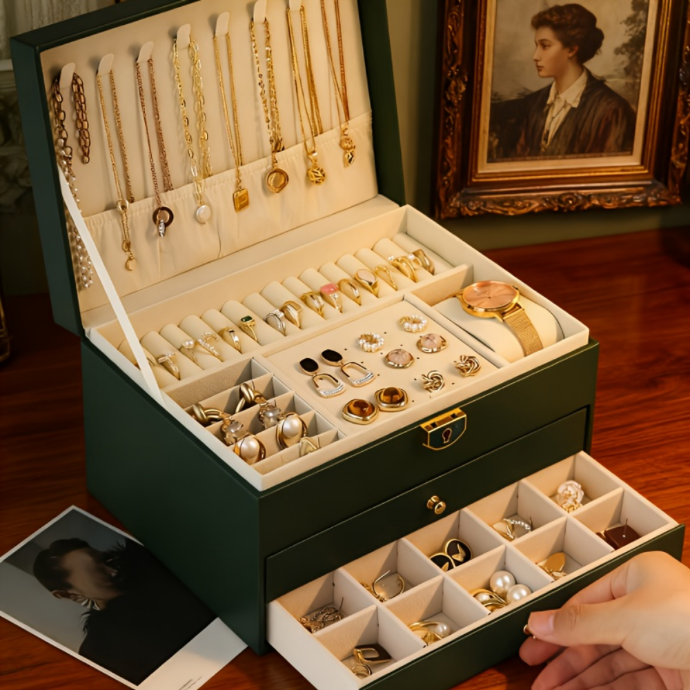 Three Layer Lockable Jewelry Box Organizer Storage Case