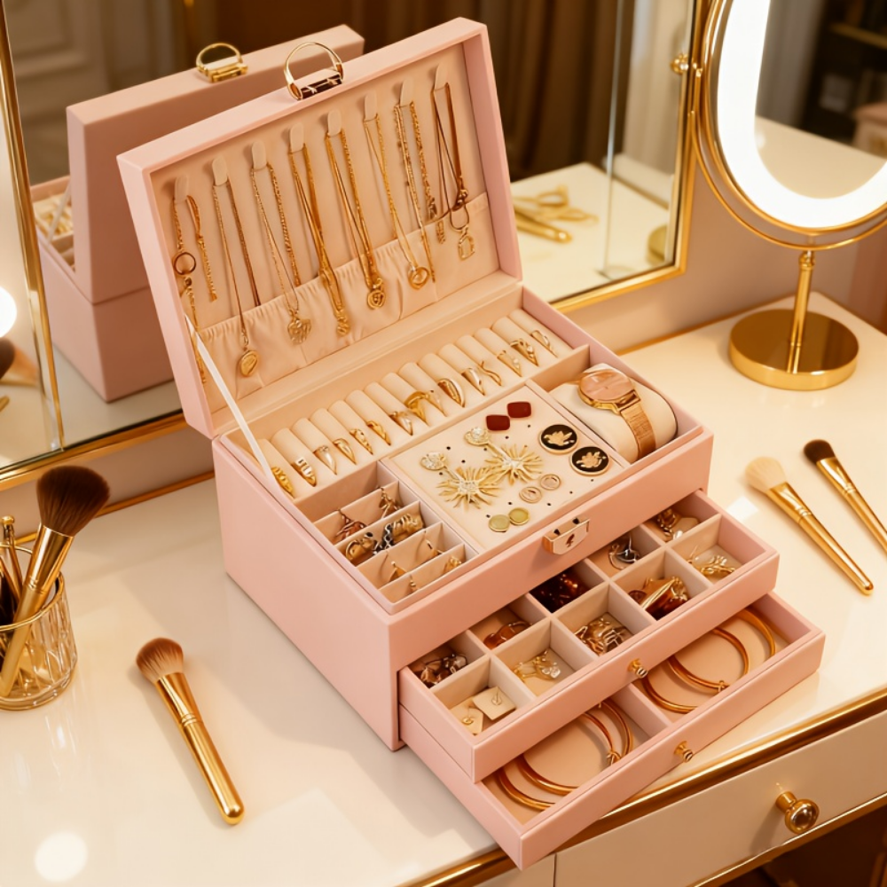 Three Layer Lockable Jewelry Box Organizer Storage Case