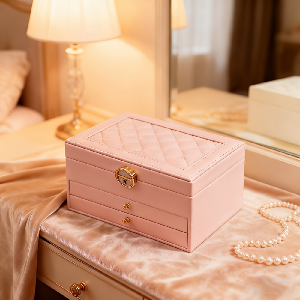 Three Layer Lockable Jewelry Box Organizer Storage Case