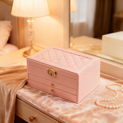 Three Layer Lockable Jewelry Box Organizer Storage Case