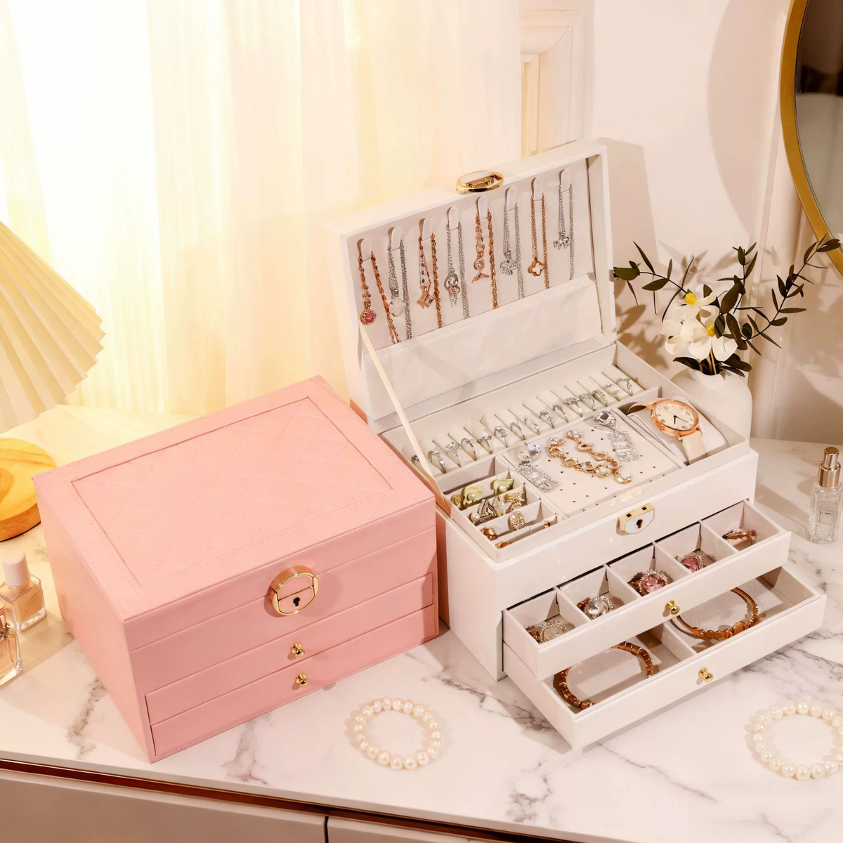 Three Layer Lockable Jewelry Box Organizer Storage Case