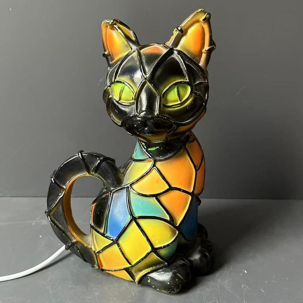 Tiffany-inspirierte Katzendekorationsfigur aus Harz als Tischlampe, warmes Akzentlicht