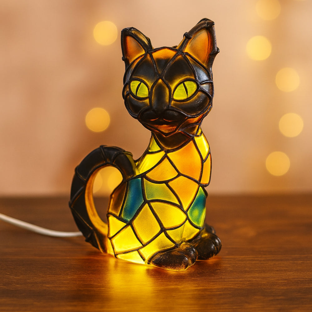 Tiffany-inspirierte Katzendekorationsfigur aus Harz als Tischlampe, warmes Akzentlicht