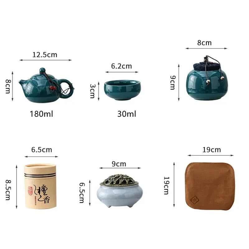 Traditional Chinese Ceramic Tea Set with 4 Cups and Incense Burner Gongfu Tea Set