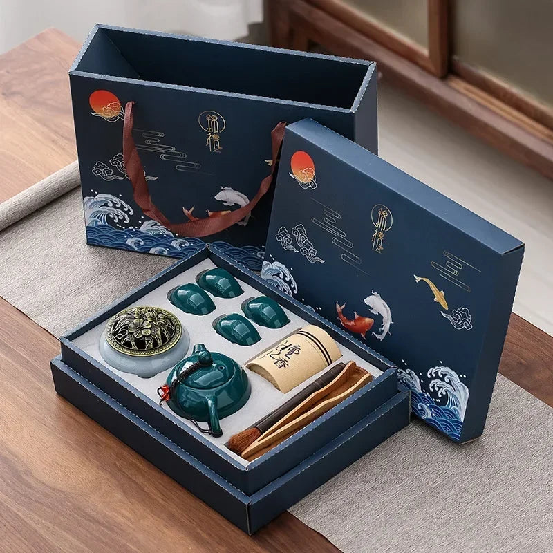 Traditional Chinese Ceramic Tea Set with 4 Cups and Incense Burner Gongfu Tea Set