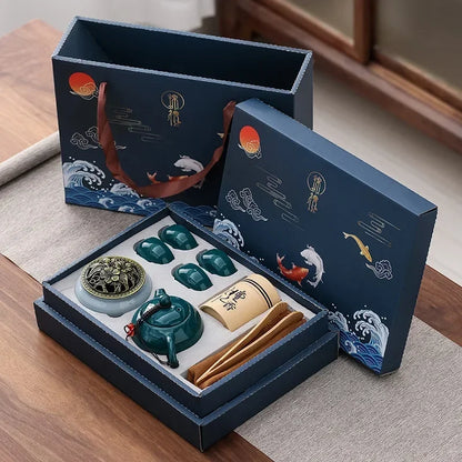 Traditional Chinese Ceramic Tea Set with 4 Cups and Incense Burner Gongfu Tea Set