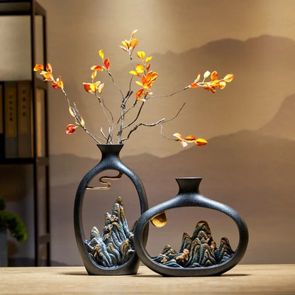 TranquilPeak Ceramic Mountain Vase in Matte Black