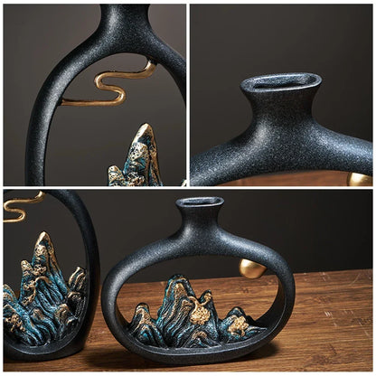 TranquilPeak Ceramic Mountain Vase in Matte Black
