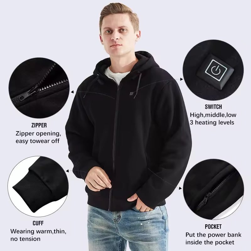 USB-verwarmde hoodie met elektrische verwarmingszones en capuchon met trekkoord