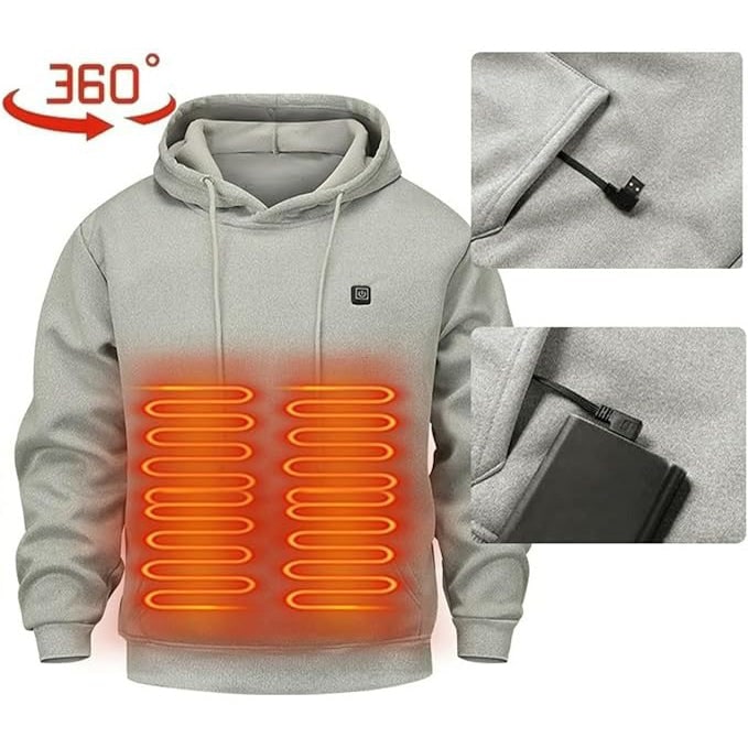 USB-verwarmde hoodie met elektrische verwarmingszones en capuchon met trekkoord