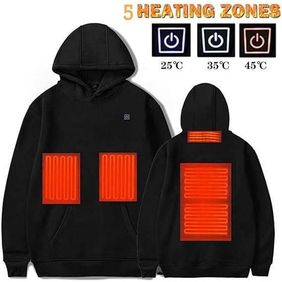 USB-verwarmde hoodie met elektrische verwarmingszones en capuchon met trekkoord