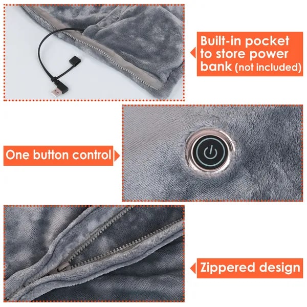 Scialle-coperta indossabile riscaldato USB con cerniera e 8 zone di riscaldamento