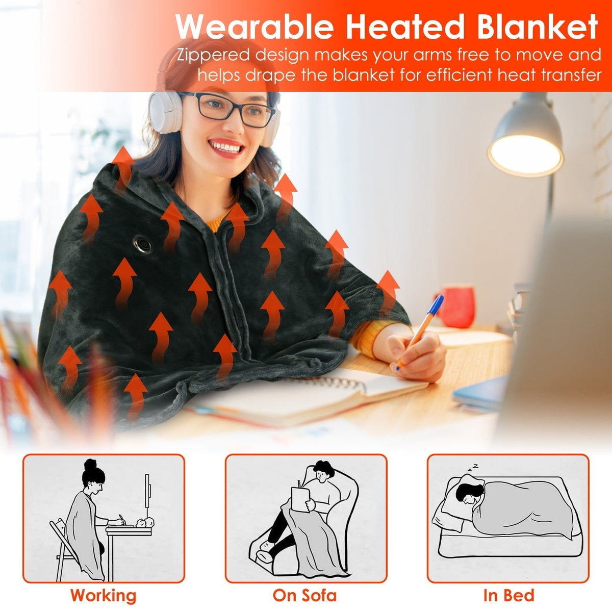 USB Wearable Heated Blanket Fleece Zipper Wrap Electric Shawl Throw