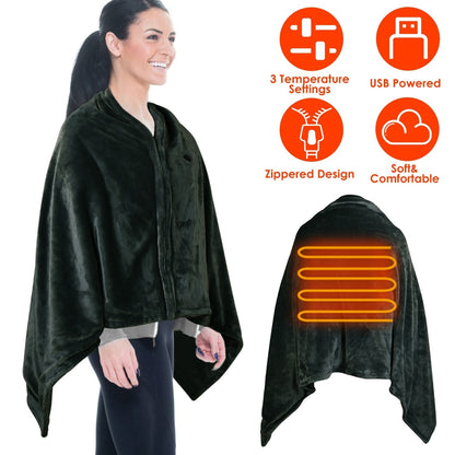 USB Wearable Heated Blanket Fleece Zipper Wrap Electric Shawl Throw