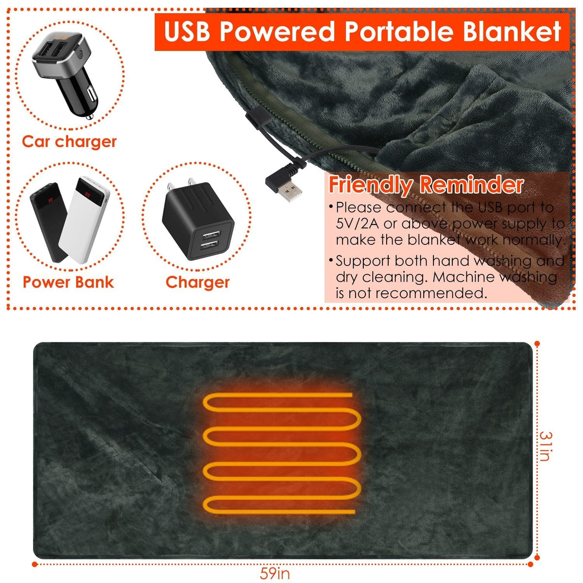 USB Wearable Heated Blanket Fleece Zipper Wrap Electric Shawl Throw
