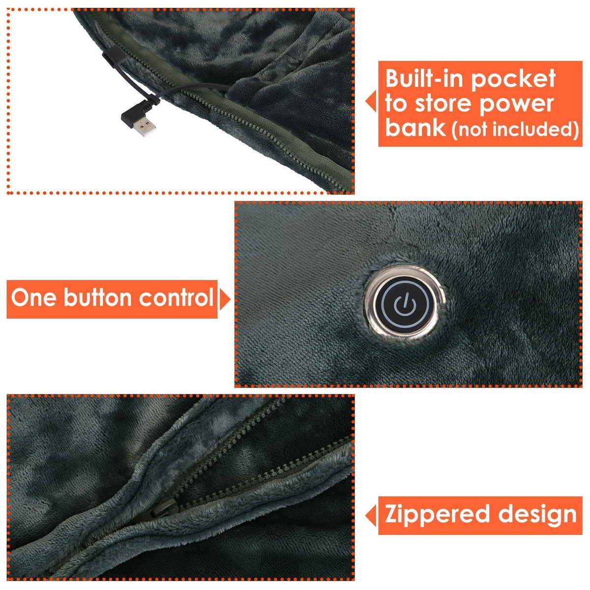 USB Wearable Heated Blanket Fleece Zipper Wrap Electric Shawl Throw