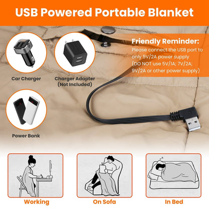 Manta ponible calefactable USB con aberturas para los brazos y controles dobles