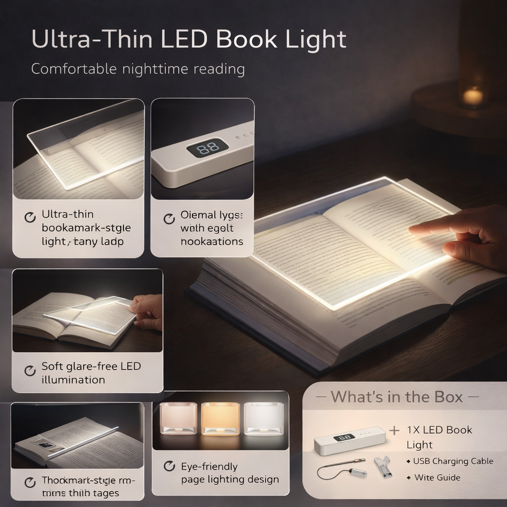 Ultra Thin LED Book Light USB Rechargeable Reading Lamp With Timer