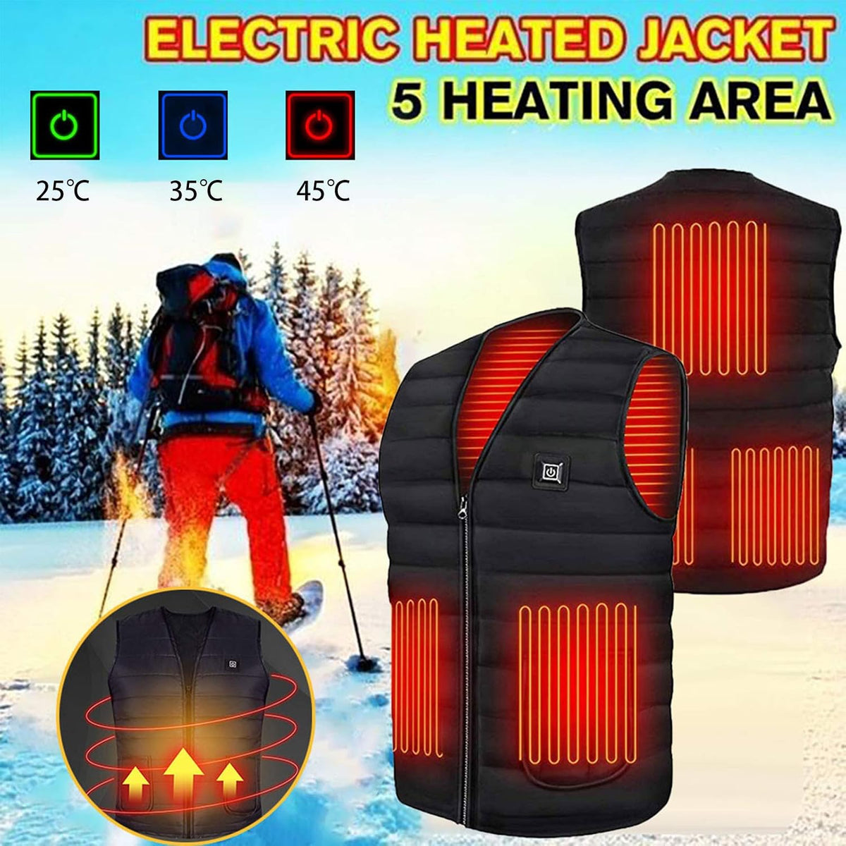 Gilet riscaldato unisex regolabile, scaldacorpo con riscaldamento del torace e della schiena