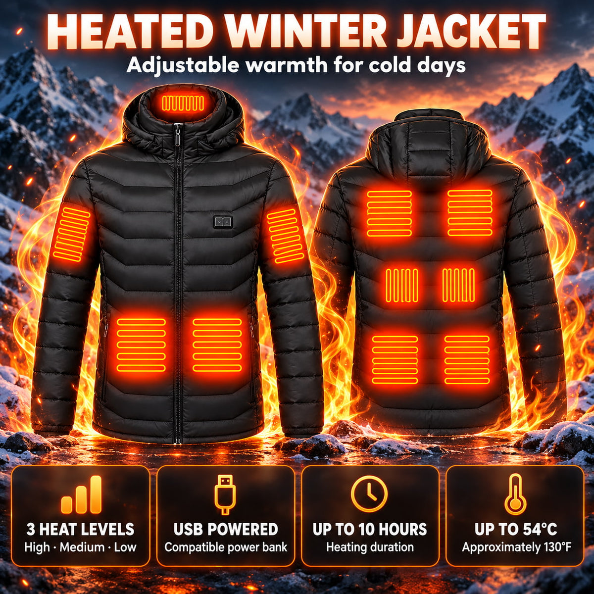 Unisex-beheizte Winterjacke, USB-betriebener wärmender Mantel mit drei einstellbaren Stufen