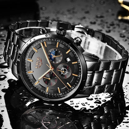 VanguardTime Men's Black Steel Watch Sleek Quartz Design