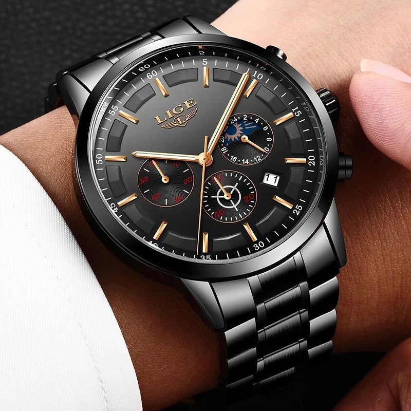 VanguardTime Men's Black Steel Watch Sleek Quartz Design