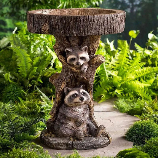 Vintage Garden Bird Bath Raccoon Design Polyresin Outdoor Decorative Fountain
