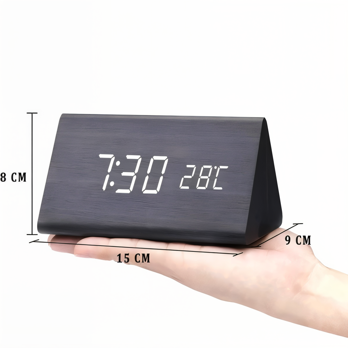 WakeyCue Wooden LED Alarm Clock with Temperature and Humidity Display