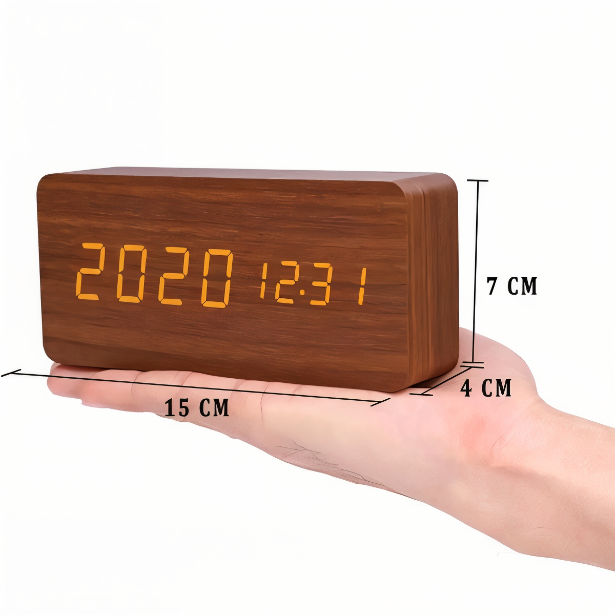 WakeyCue Wooden LED Alarm Clock with Temperature and Humidity Display