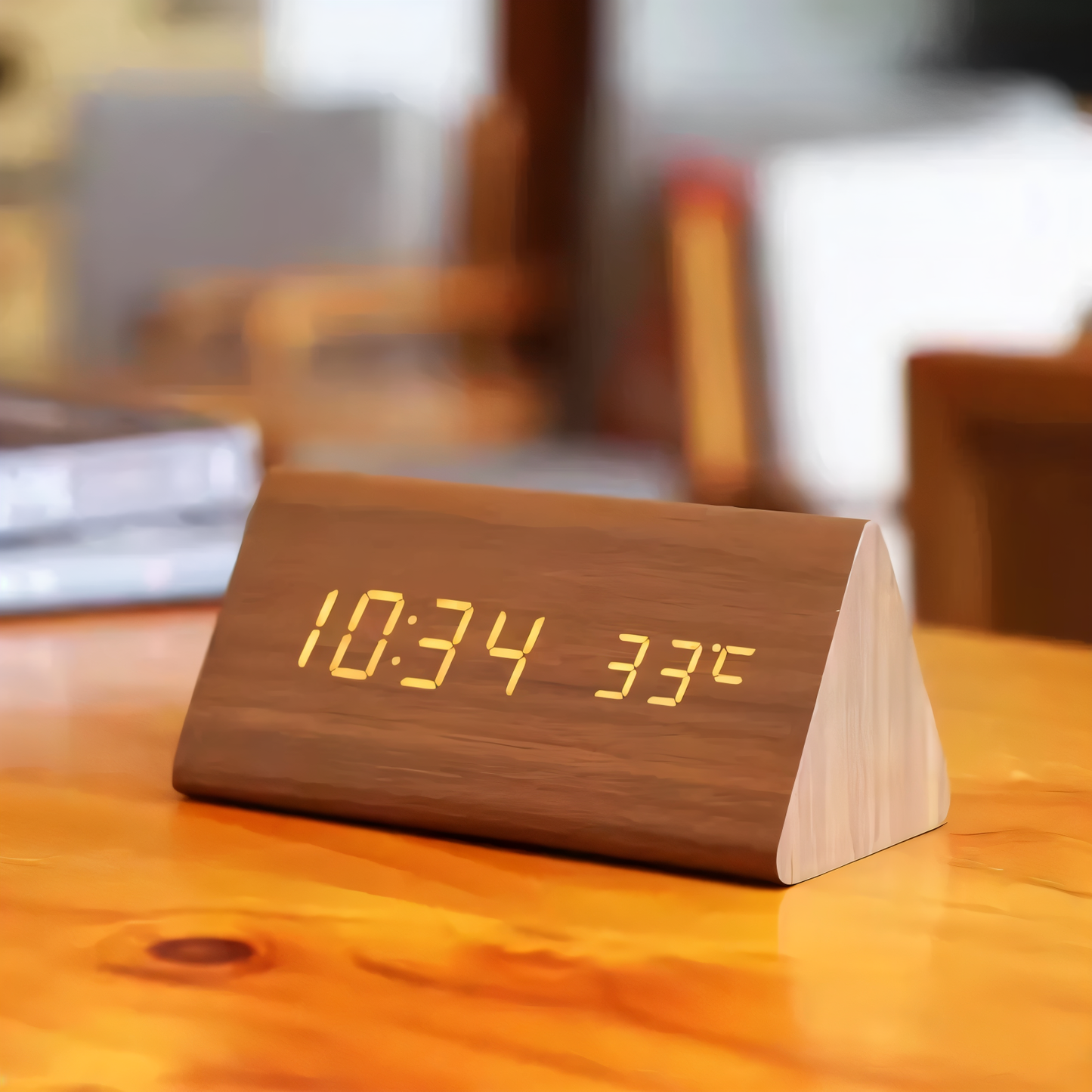 WakeyCue Wooden LED Alarm Clock with Temperature and Humidity Display