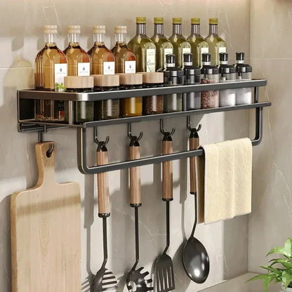 Wall Mounted Kitchen Rack with Spice Shelf and Hook Bar