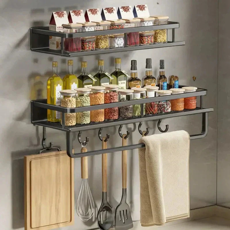 Wall Mounted Kitchen Rack with Spice Shelf and Hook Bar