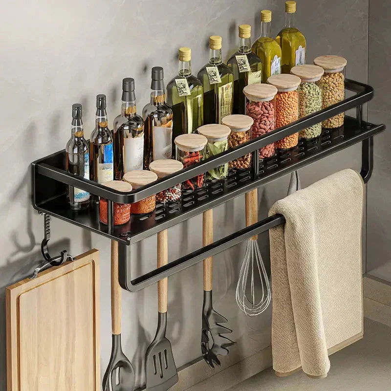 Wall Mounted Kitchen Rack with Spice Shelf and Hook Bar