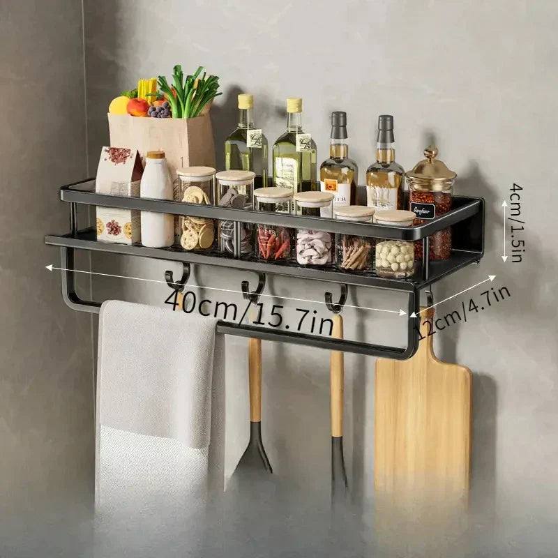 Wall Mounted Kitchen Rack with Spice Shelf and Hook Bar