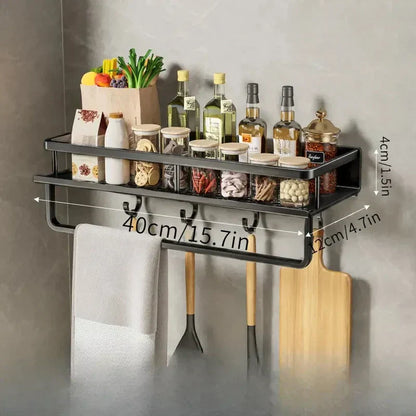 Wall Mounted Kitchen Rack with Spice Shelf and Hook Bar