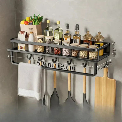 Wall Mounted Kitchen Rack with Spice Shelf and Hook Bar