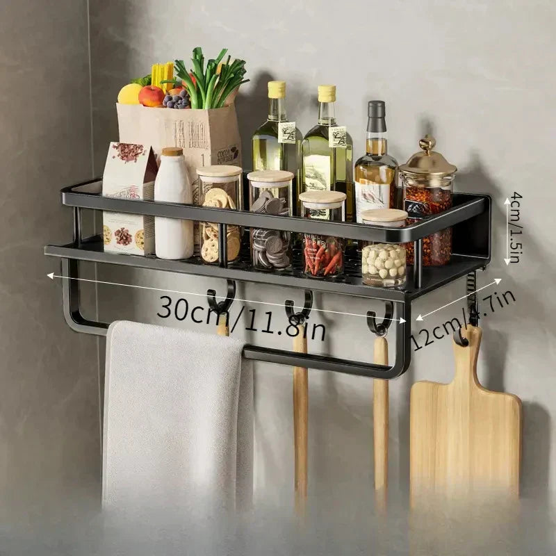 Wall Mounted Kitchen Rack with Spice Shelf and Hook Bar