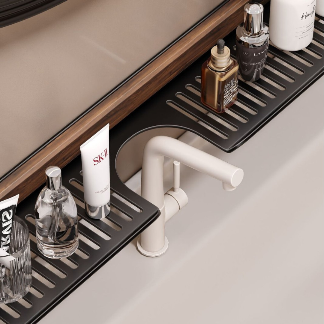 Walnut Bathroom Sink Shelf with Suction Cup Mounting