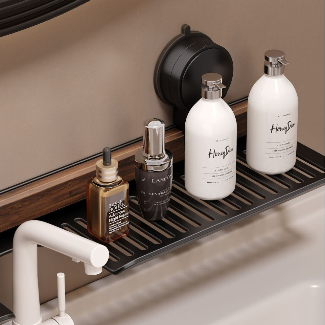 Walnut Bathroom Sink Shelf with Suction Cup Mounting