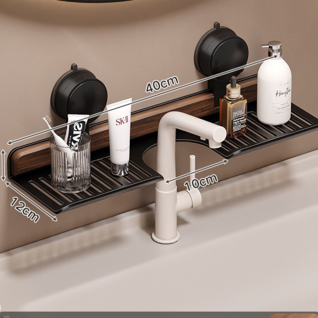 Walnut Bathroom Sink Shelf with Suction Cup Mounting