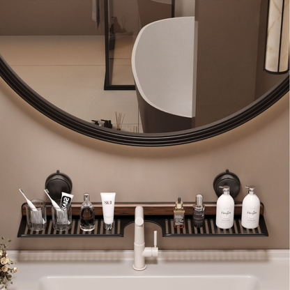 Walnut Bathroom Sink Shelf with Suction Cup Mounting