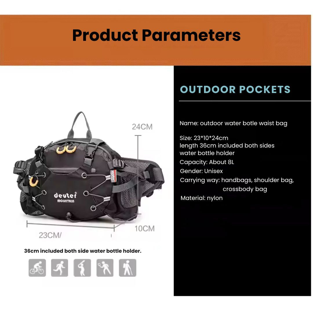 Waterproof Hiking Waist Bag 5L with Multiple Zipper Pockets