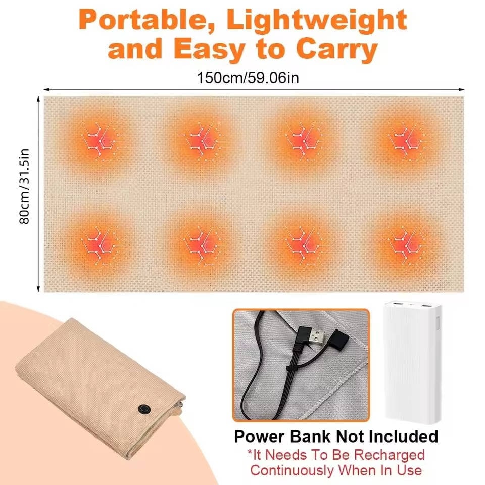 Wearable Heated Blanket Throw USB Powered Zipper Closure Hood 8 Heating Zones Fleece Waffle Knit Portable Wrap