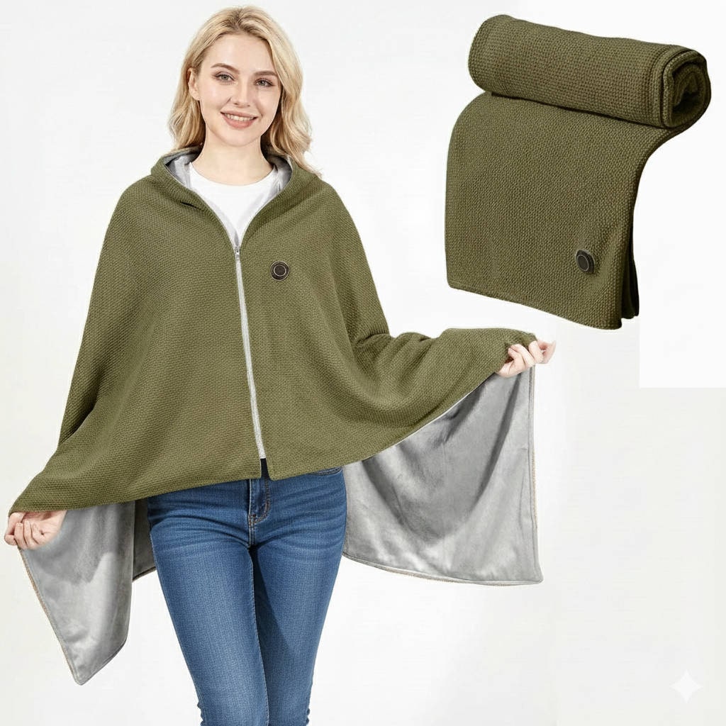 Wearable Heated Blanket Throw USB Powered Zipper Closure Hood 8 Heating Zones Fleece Waffle Knit Portable Wrap