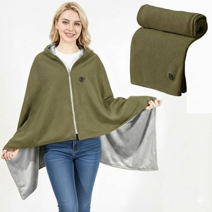 Wearable Heated Blanket Throw USB Powered Zipper Closure Hood 8 Heating Zones Fleece Waffle Knit Portable Wrap