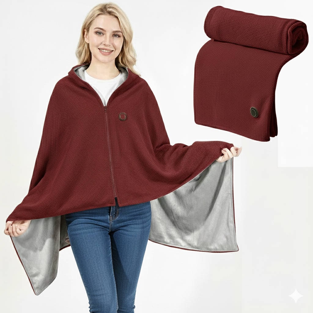 Wearable Heated Blanket Throw USB Powered Zipper Closure Hood 8 Heating Zones Fleece Waffle Knit Portable Wrap